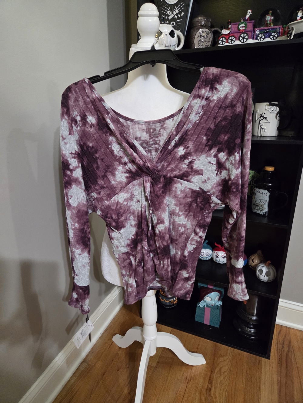 I.N. San Francisco Twist-Front Long Sleeve Top - Purple & White Tie-Dye